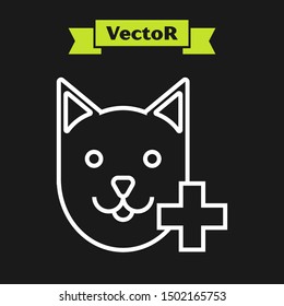 White line Veterinary clinic symbol icon isolated on black background. Cross with cat veterinary care. Pet First Aid sign.  Vector Illustration