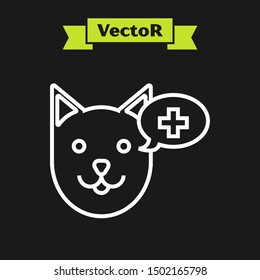 White line Veterinary clinic symbol icon isolated on black background. Cross with dog veterinary care. Pet First Aid sign.  Vector Illustration