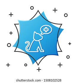 White line Veterinary clinic symbol icon isolated on white background. Cross with cat veterinary care. Pet First Aid sign. Blue hexagon button. Vector Illustration