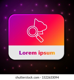 White line Veterinary clinic symbol icon isolated on black background. Magnifying glass with cat veterinary care. Pet First Aid sign. Rectangle color button. Vector Illustration