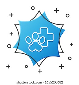 White line Veterinary clinic symbol icon isolated on white background. Cross hospital sign. Stylized paw print dog or cat. Pet First Aid sign. Blue hexagon button. Vector Illustration