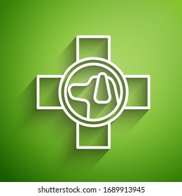 White line Veterinary clinic symbol icon isolated on green background. Cross with dog veterinary care. Pet First Aid sign.  Vector Illustration