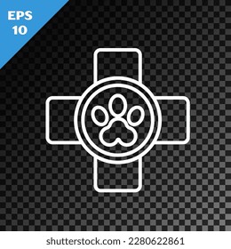 White line Veterinary clinic symbol icon isolated on transparent dark background. Cross hospital sign. Stylized paw print dog or cat. Pet First Aid sign.  Vector Illustration