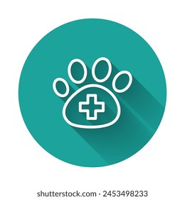 White line Veterinary clinic symbol icon isolated with long shadow background. Cross hospital sign. A stylized paw print dog or cat. Pet First Aid sign. Green circle button. Vector