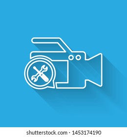 White line Video camera with screwdriver and wrench icon isolated with long shadow. Adjusting, service, setting, maintenance, repair, fixing.  Vector Illustration