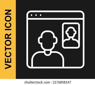 White line Video chat conference icon isolated on black background. Online meeting work form home. Remote project management.  Vector