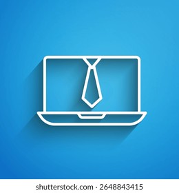White line Video chat conference icon isolated on blue background. Online meeting work form home. Remote project management. Long shadow. Vector