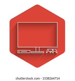 White line Video game console icon isolated with long shadow. Game console with joystick and lcd television. Red hexagon button. Vector Illustration
