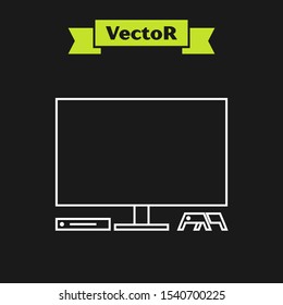 White line Video game console icon isolated on black background. Game console with joystick and lcd television.  Vector Illustration
