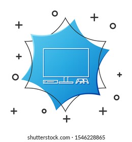 White line Video game console icon isolated on white background. Game console with joystick and lcd television. Blue hexagon button. Vector Illustration