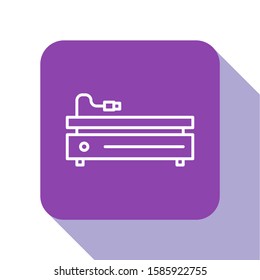 White line Video game console icon isolated on white background. Purple square button. Vector Illustration