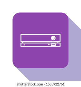 White line Video game console icon isolated on white background. Purple square button. Vector Illustration