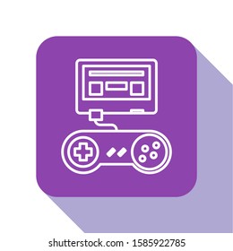 White line Video game console with joystick icon isolated on white background. Purple square button. Vector Illustration
