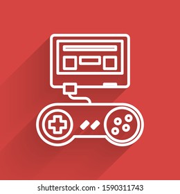 White line Video game console with joystick icon isolated with long shadow.  Vector Illustration
