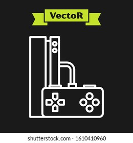 White line Video game console with joystick icon isolated on black background.  Vector Illustration