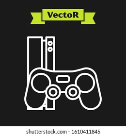 White line Video game console with joystick icon isolated on black background.  Vector Illustration