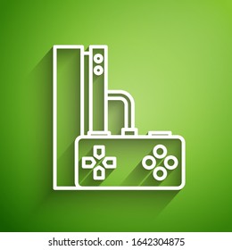 White line Video game console with joystick icon isolated on green background.  Vector Illustration