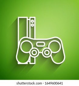 White line Video game console with joystick icon isolated on green background.  Vector Illustration
