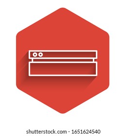 White line Video game console icon isolated with long shadow. Red hexagon button. Vector Illustration