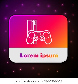 Consola de videojuegos de línea blanca con icono de joystick aislado en fondo negro. Botón de color Rectángulo.  Ilustración vectorial