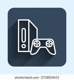 White line Video game console with joystick icon isolated with long shadow background. Blue square button. Vector