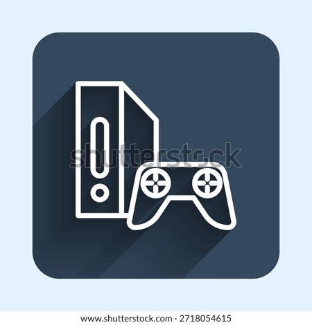White line Video game console with joystick icon isolated with long shadow background. Blue square button. Vector