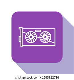 White line Video graphic card icon isolated on white background. Purple square button. Vector Illustration