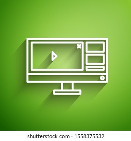 White line Video recorder or editor software on computer monitor icon isolated on green background.  Vector Illustration