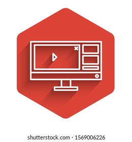 White line Video recorder or editor software on computer monitor icon isolated with long shadow. Red hexagon button. Vector Illustration