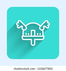 White line Viking in horned helmet icon isolated with long shadow background. Green square button. Vector