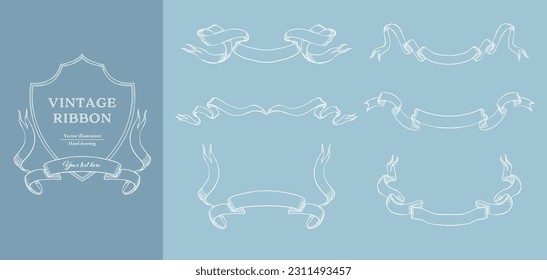 White line vintage ribbon vector illustration set. Hand drawn line art for wedding design. 