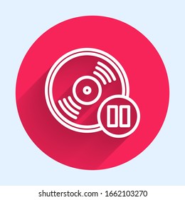 White line Vinyl disk icon isolated with long shadow. Red circle button. Vector Illustration