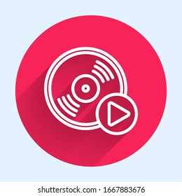 White line Vinyl disk icon isolated with long shadow. Red circle button. Vector Illustration