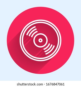 White line Vinyl disk icon isolated with long shadow. Red circle button. Vector Illustration