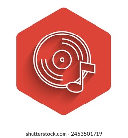 White line Vinyl disk icon isolated with long shadow. Red hexagon button. Vector