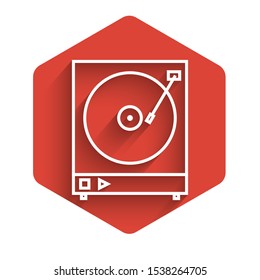 White line Vinyl player with a vinyl disk icon isolated with long shadow. Red hexagon button. Vector Illustration