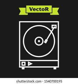 White line Vinyl player with a vinyl disk icon isolated on black background.  Vector Illustration