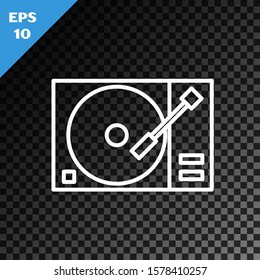 White line Vinyl player with a vinyl disk icon isolated on transparent dark background.  Vector Illustration