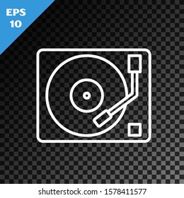 White line Vinyl player with a vinyl disk icon isolated on transparent dark background.  Vector Illustration