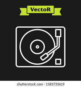 White line Vinyl player with a vinyl disk icon isolated on black background.  Vector Illustration