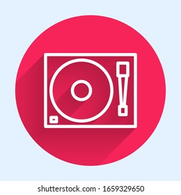 White line Vinyl player with a vinyl disk icon isolated with long shadow. Red circle button. Vector Illustration