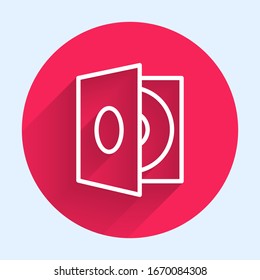 White line Vinyl player with a vinyl disk icon isolated with long shadow. Red circle button. Vector Illustration