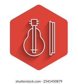 White line Violin icon isolated with long shadow. Musical instrument. Red hexagon button. Vector