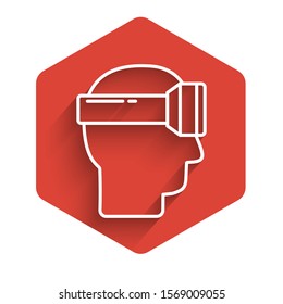 White line Virtual reality glasses icon isolated with long shadow. Stereoscopic 3d vr mask. Red hexagon button. Vector Illustration