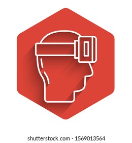 White line Virtual reality glasses icon isolated with long shadow. Stereoscopic 3d vr mask. Red hexagon button. Vector Illustration