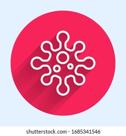 White line Virus icon isolated with long shadow. Corona virus 2019-nCoV. Bacteria and germs, cell cancer, microbe, fungi. Red circle button. Vector Illustration