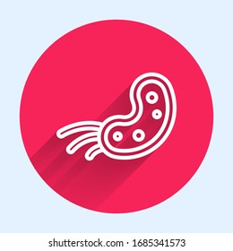 White line Virus icon isolated with long shadow. Corona virus 2019-nCoV. Bacteria and germs, cell cancer, microbe, fungi. Red circle button. Vector Illustration