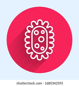 Icono de virus de la línea blanca aislado con una sombra larga. Virus Corona 2019-nCoV. Bacterias y gérmenes, cáncer celular, microbio, hongos. Botón de círculo rojo. Ilustración vectorial