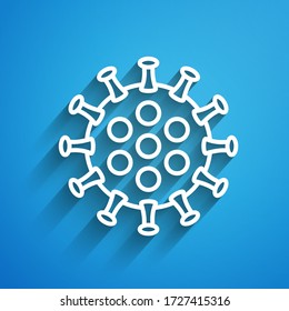 White line Virus icon isolated on blue background. Corona virus 2019-nCoV. Bacteria and germs, cell cancer, microbe, fungi. Long shadow. Vector Illustration