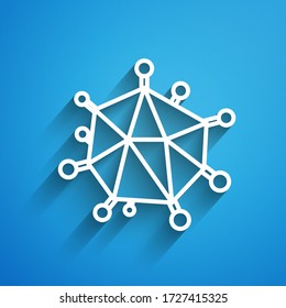 White line Virus icon isolated on blue background. Corona virus 2019-nCoV. Bacteria and germs, cell cancer, microbe, fungi. Long shadow. Vector Illustration